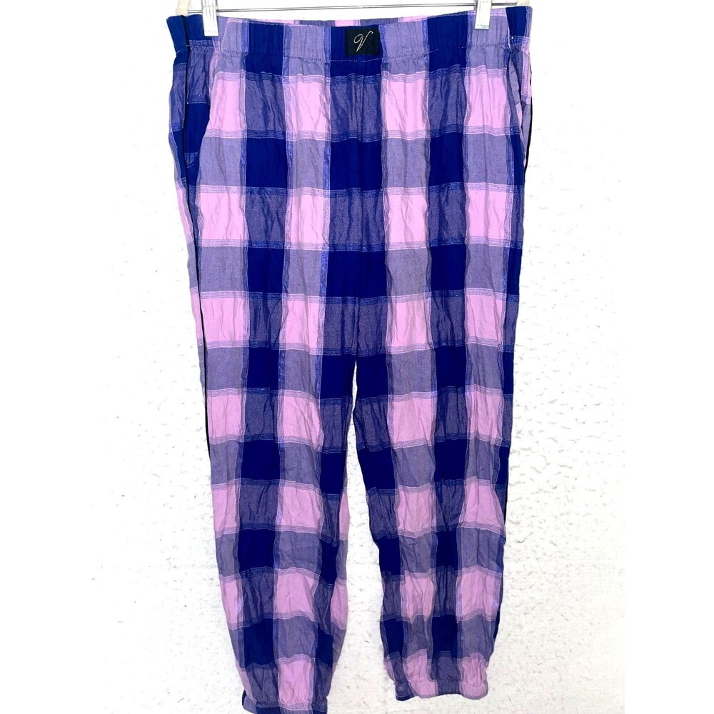 Victoria Secret pajama pants L womens cotton flannel Purple plaid Joggers Pocket